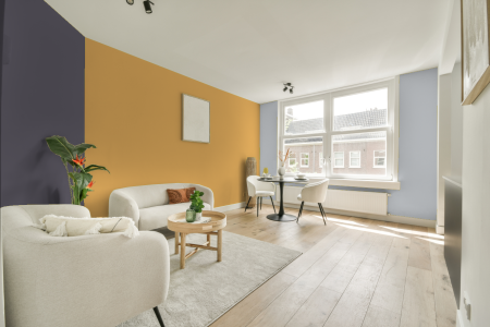 kamer in kleur 6050 met designkleuren op de wanden