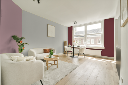 kamer in kleur Gentle grey met designkleuren op de wanden