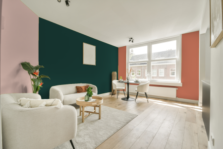 kamer in kleur S 7020-b70g met designkleuren op de wanden