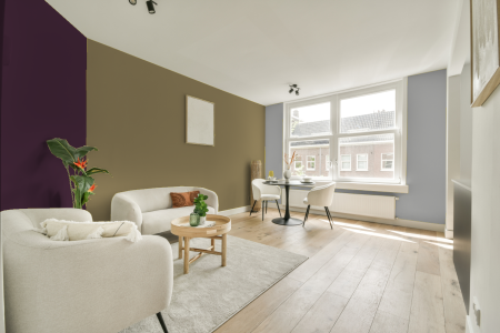 kamer in kleur Ral 1020 met designkleuren op de wanden