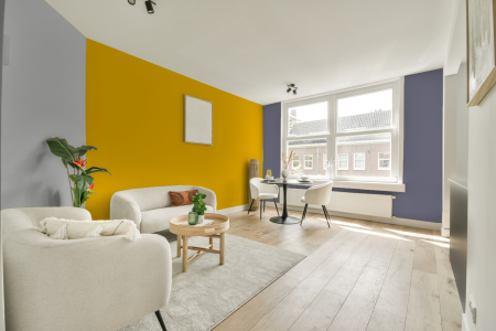 kamer in kleur Ral 1021 met designkleuren op de wanden