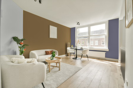 kamer in kleur Ral 1036 met designkleuren op de wanden