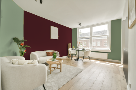 kamer in kleur Ral 3005 met designkleuren op de wanden