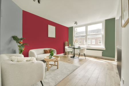 kamer in kleur Ral 3018 met designkleuren op de wanden