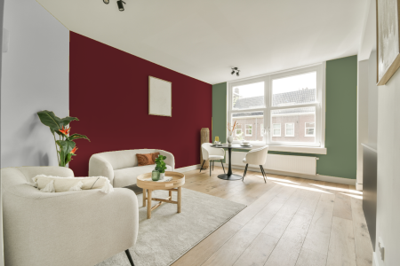 kamer in kleur Ral 3032 met designkleuren op de wanden