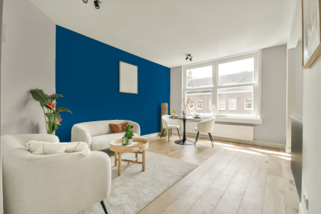 kamer in kleur Ral 5005 met designkleuren op de wanden