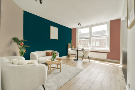 kamer in kleur Ral 5020 met designkleuren op de wanden