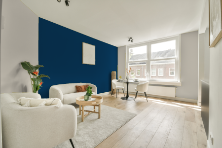 kamer in kleur Ral 5026 met designkleuren op de wanden