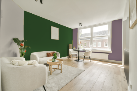 kamer in kleur Ral 6002 met designkleuren op de wanden