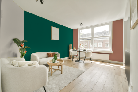 kamer in kleur Ral 6026 met designkleuren op de wanden