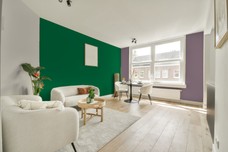 kamer in kleur Ral 6029 met designkleuren op de wanden