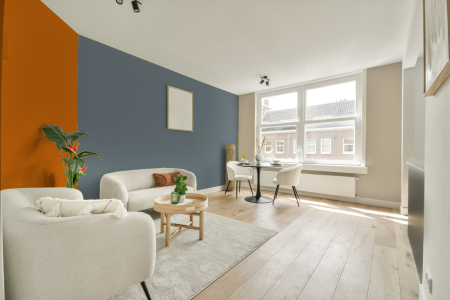 kamer in kleur Ral 7000 met designkleuren op de wanden