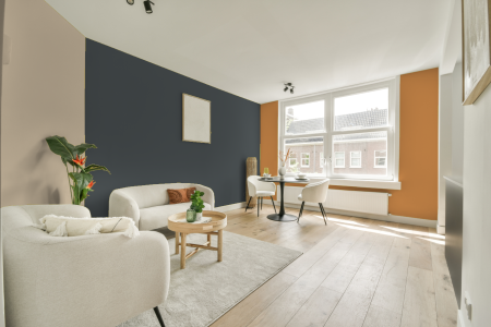 kamer in kleur Ral 7011 met designkleuren op de wanden