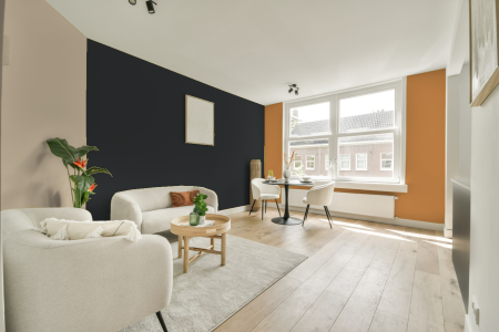 kamer in kleur Ral 7021 met designkleuren op de wanden