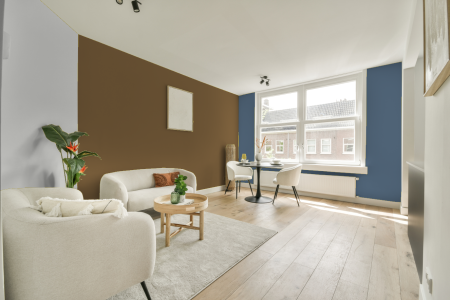 kamer in kleur Ral 8000 met designkleuren op de wanden