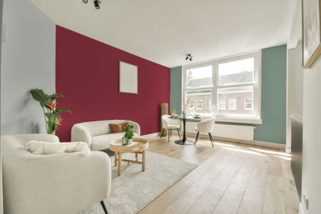 kamer in kleur Ppg1186-7 met designkleuren op de wanden