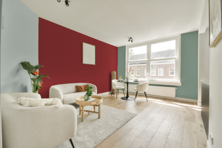 kamer in kleur Ppg1187-7 met designkleuren op de wanden