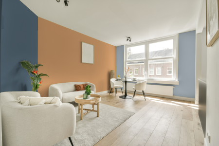 kamer in kleur E4.30.70 met designkleuren op de wanden