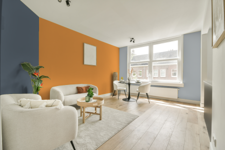 kamer in kleur E4.50.70 met designkleuren op de wanden