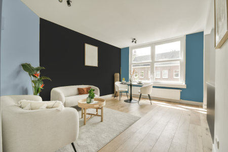 kamer in kleur Dn.00.11 met designkleuren op de wanden