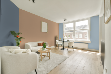 kamer in kleur E4.20.70 met designkleuren op de wanden