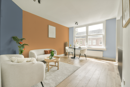 kamer in kleur E4.32.68 met designkleuren op de wanden