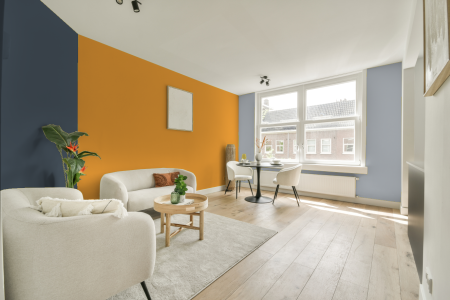 kamer in kleur E8.55.70 met designkleuren op de wanden