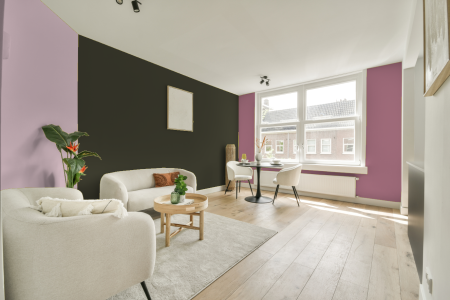 kamer in kleur G9.20.19 met designkleuren op de wanden