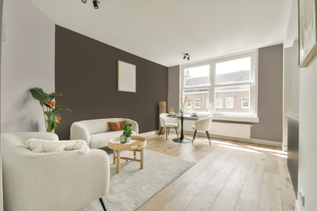 woonkamer met neutrale kleuren en Ral 070 40 10