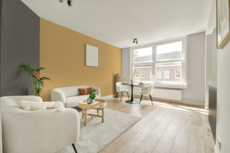 woonkamer met neutrale kleuren en Ral 080 80 40