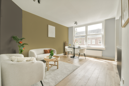 woonkamer met neutrale kleuren en Ral 090 70 30