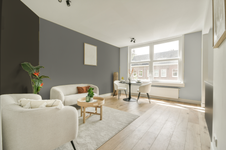 woonkamer met neutrale kleuren en Ral 100 60 05