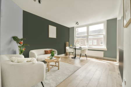 woonkamer met neutrale kleuren en Ral 120 40 10