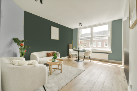 woonkamer met neutrale kleuren en Ral 140 40 10