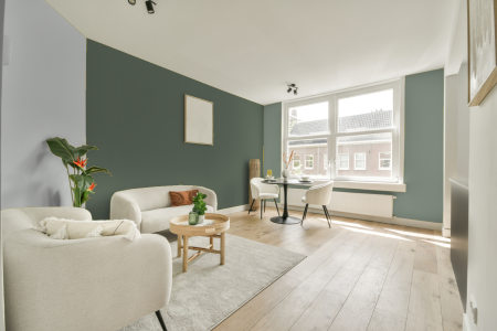 woonkamer met neutrale kleuren en Ral 140 50 10