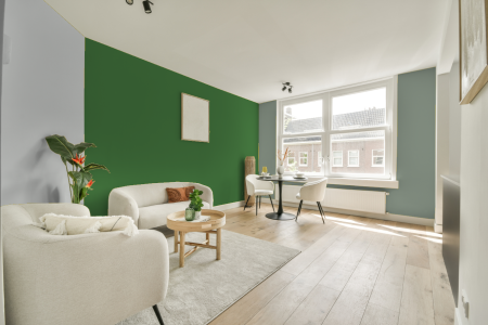 woonkamer met neutrale kleuren en Ral 140 50 40