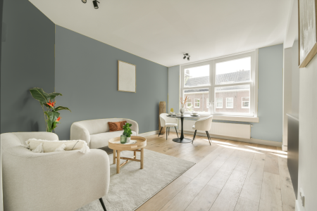 woonkamer met neutrale kleuren en Ral 140 70 05