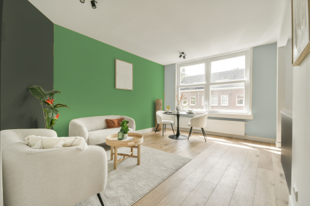 woonkamer met neutrale kleuren en Ral 140 70 40