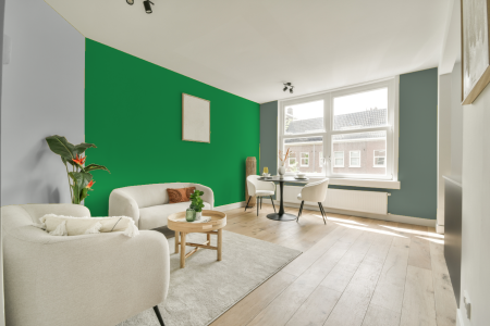 woonkamer met neutrale kleuren en Ral 150 60 60