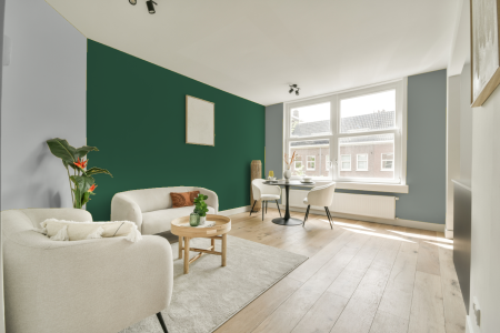 woonkamer met neutrale kleuren en Ral 160 40 25