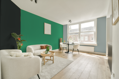 woonkamer met neutrale kleuren en Ral 160 60 45