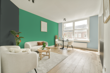 woonkamer met neutrale kleuren en Ral 160 70 40