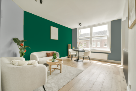 woonkamer met neutrale kleuren en Ral 170 40 45