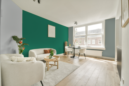 woonkamer met neutrale kleuren en Ral 170 50 35