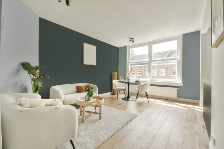 woonkamer met neutrale kleuren en Ral 180 40 05