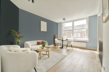 woonkamer met neutrale kleuren en Ral 220 60 05