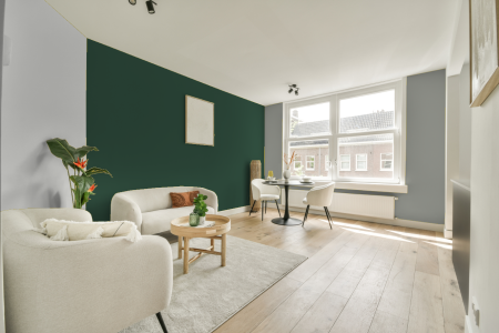 woonkamer met neutrale kleuren en Ral 6028