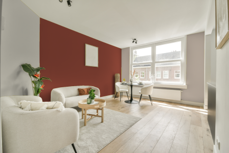 woonkamer met neutrale kleuren en Sikkens slaapkamer rood