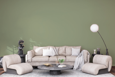 zithoek met de muur in de kleur Mild jade